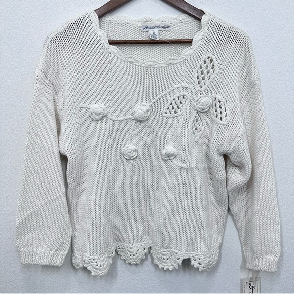 Vintage Sweaters - Vintage Cream Crochet Loose Knit Rose Applique Floral Grannycore Sweater NWT L